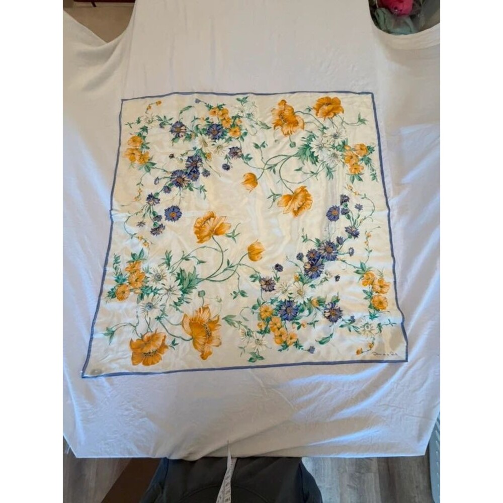 Vintage Oscar de la Renta 100% Silk Floral Scarf Japan Periwinkle Gold Yellow